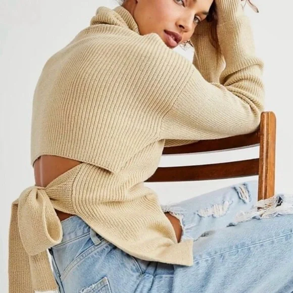 Free People Beach Reed Tan Tie Back Turtleneck Sweater Medium - Picture 1 of 6